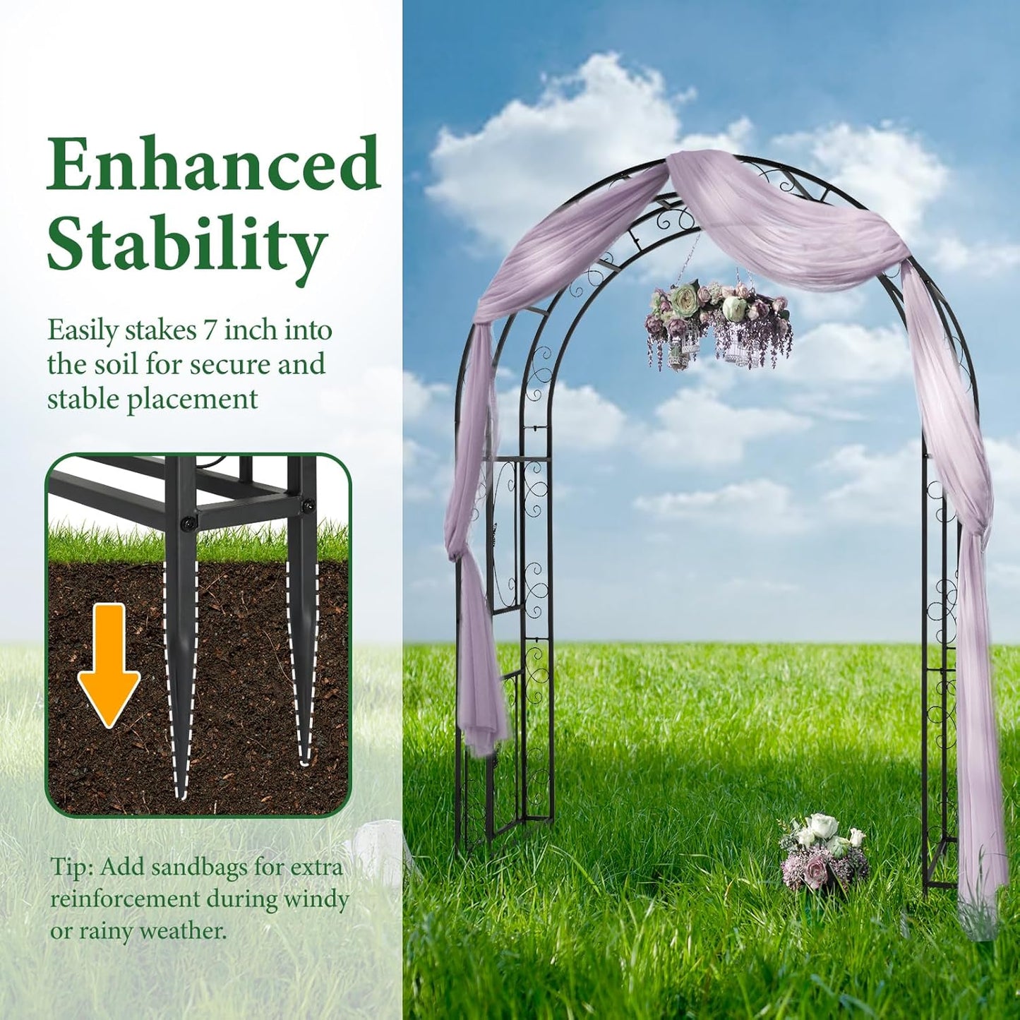 VINGLI Garden Arbor, Arch Archway for Wedding Ceremony Party, Steel Garden Trellis for Plant Climbing, Christmas Garden Decorations Pergola for Garden, Backyard, Lawn (Black, 75.5x22.8x94.5in)