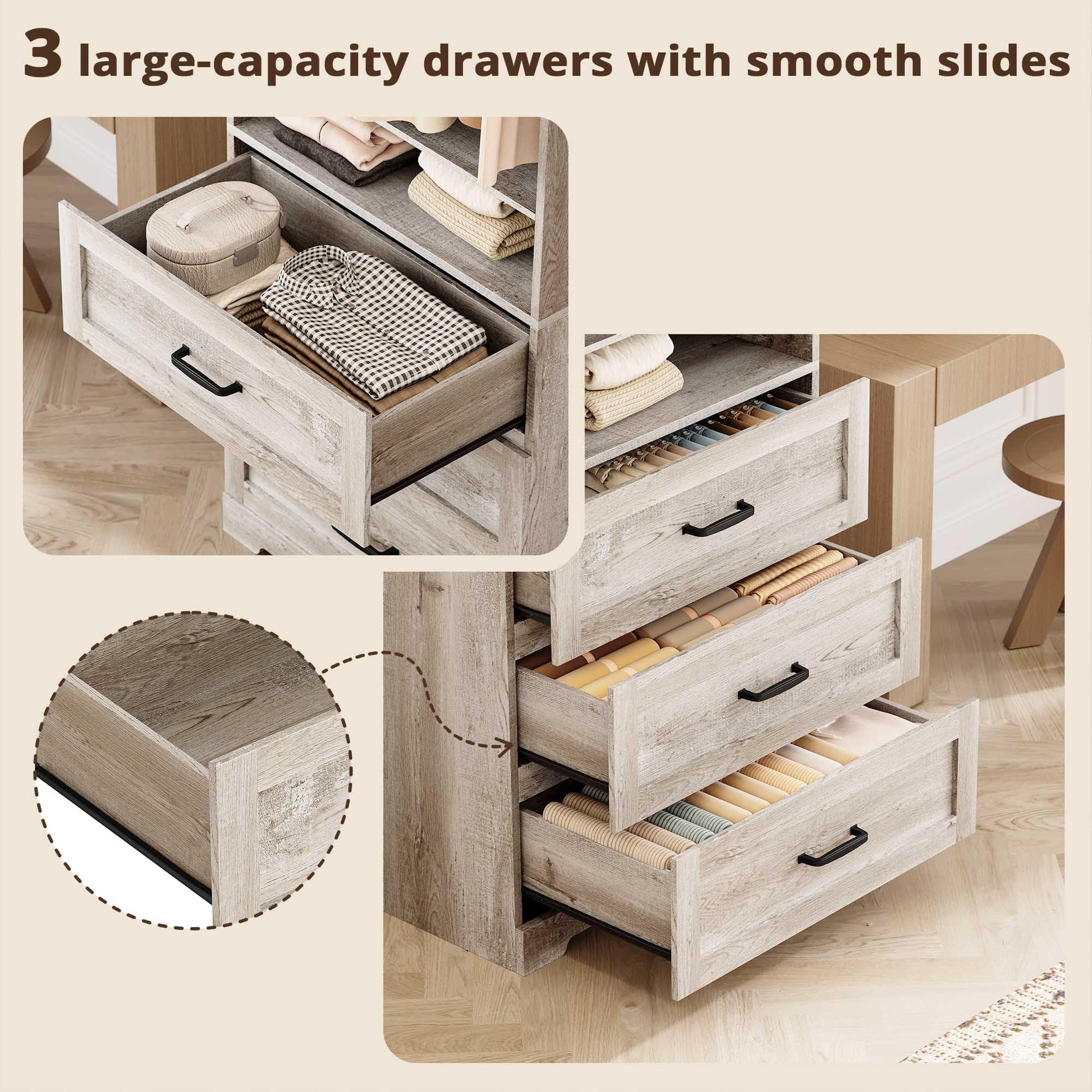 IRONCK Freestanding Closet System with Adjustable Shelves & 3 Drawers