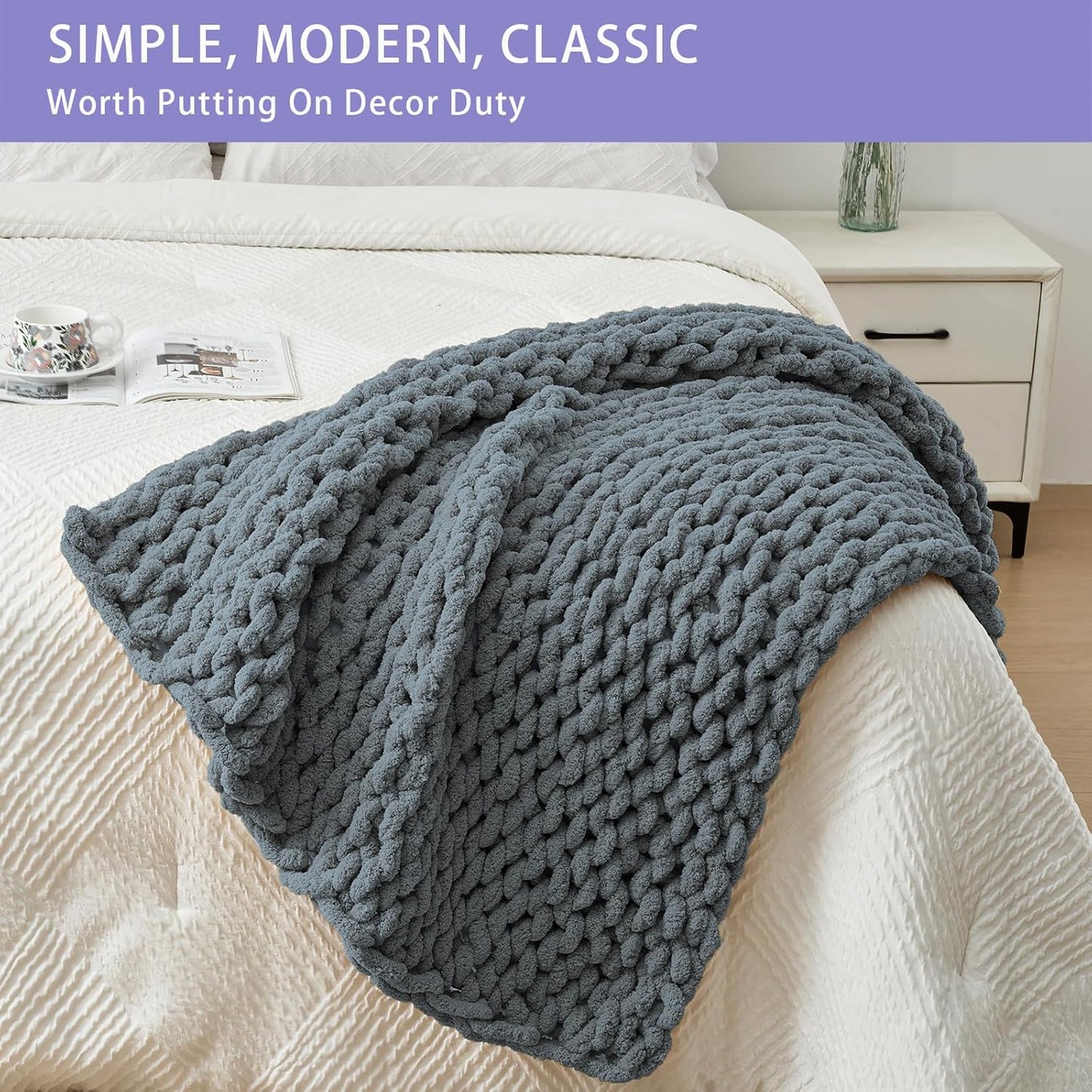 Bigacogo Chunky Knit Throw Blanket for Couch, 40x40 inches, 100% Hand Knitted with Thick Jumbo Chenille Yarn, Cozy Soft Large Rope Knot Cable Crochet Blankets for Sofa Bed Living Room, Iron Gray