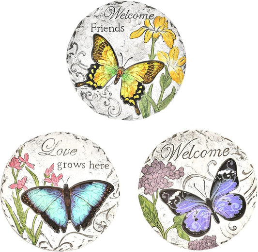 Sungmor 3PC Pretty Garden Stepping Stones, 9.8" Large Concrete Decorative Stones with Beautiful Pattern, Unique Outdoor Lawn Accents, Yard Walkway Flower Bed Wall Shelf Welcome Friends Decorations