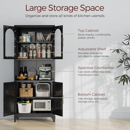 75" Tall Kitchen Pantry Cabinet, Metal Storage Cabinets with Acrylic Doors and Adjustable Shelves, Hutch Cabinet with Storage, Black Microwave Stand Cabinets for Dining Living Room