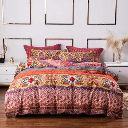 ABREEZE Bohemian Duvet Cover Set Colorful Orange Boho Retro Bedding Set Damask Paisley Cotton Duvet Cover Tribal Reversible Bedding Exotic Style Comforter Cover 3-Piece King