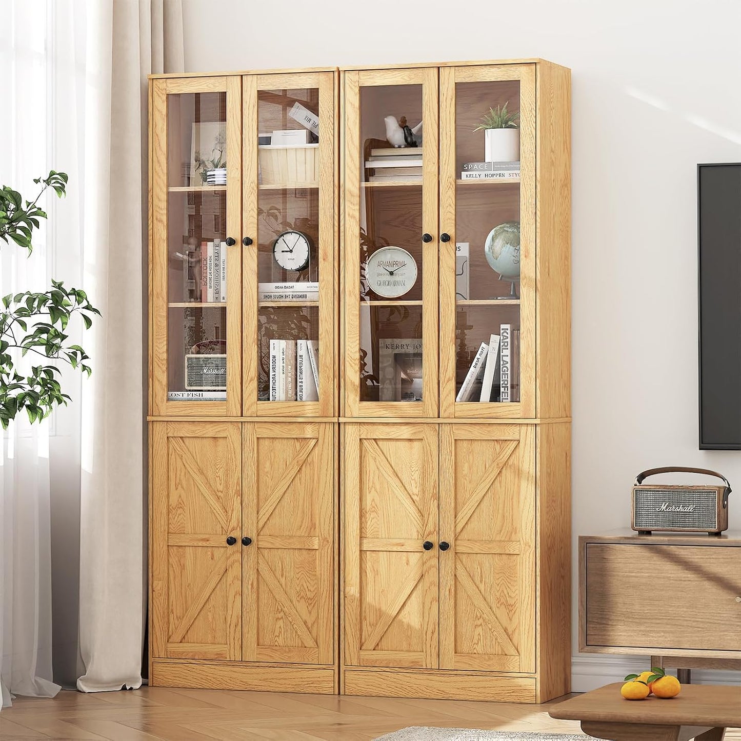 71" Tall Bookcases Set of 2, Bookshelves with Doors, 5-Shelf Bookcase with Storage, Wooden Bookshelf Floor Standing Display Storage Shelves Home Decor Furniture for Living Room,Bedroom,Natural