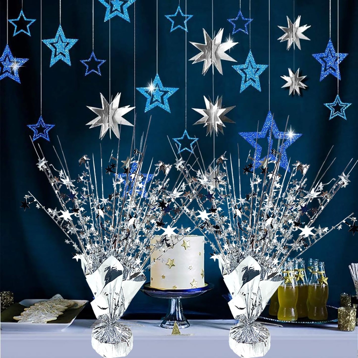 6 Pack Metallic Foil Spray Centerpiece Star Table Decoration Burst Table Centerpieces for Birthday Wedding Anniversary Graduation Holiday Party Supplies Decor, Silver