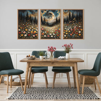 HPINUB Wildflower Moon Forest Framed Canvas Wall Art Set,Nature Pine Tree Wall Decor,Mystical Starry Night Artwork Rustic Mountain Landscape Art Print for Living Room,Bedroom,Office-16 x24 x3