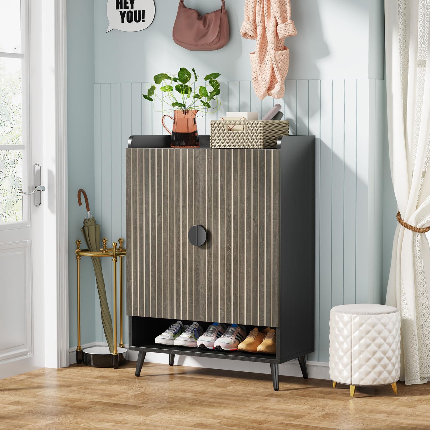Tribesigns Shoe Cabinet with Doors, 7-Tier Shoe Storage Cabinet with Adjustable Shelves, Wooden