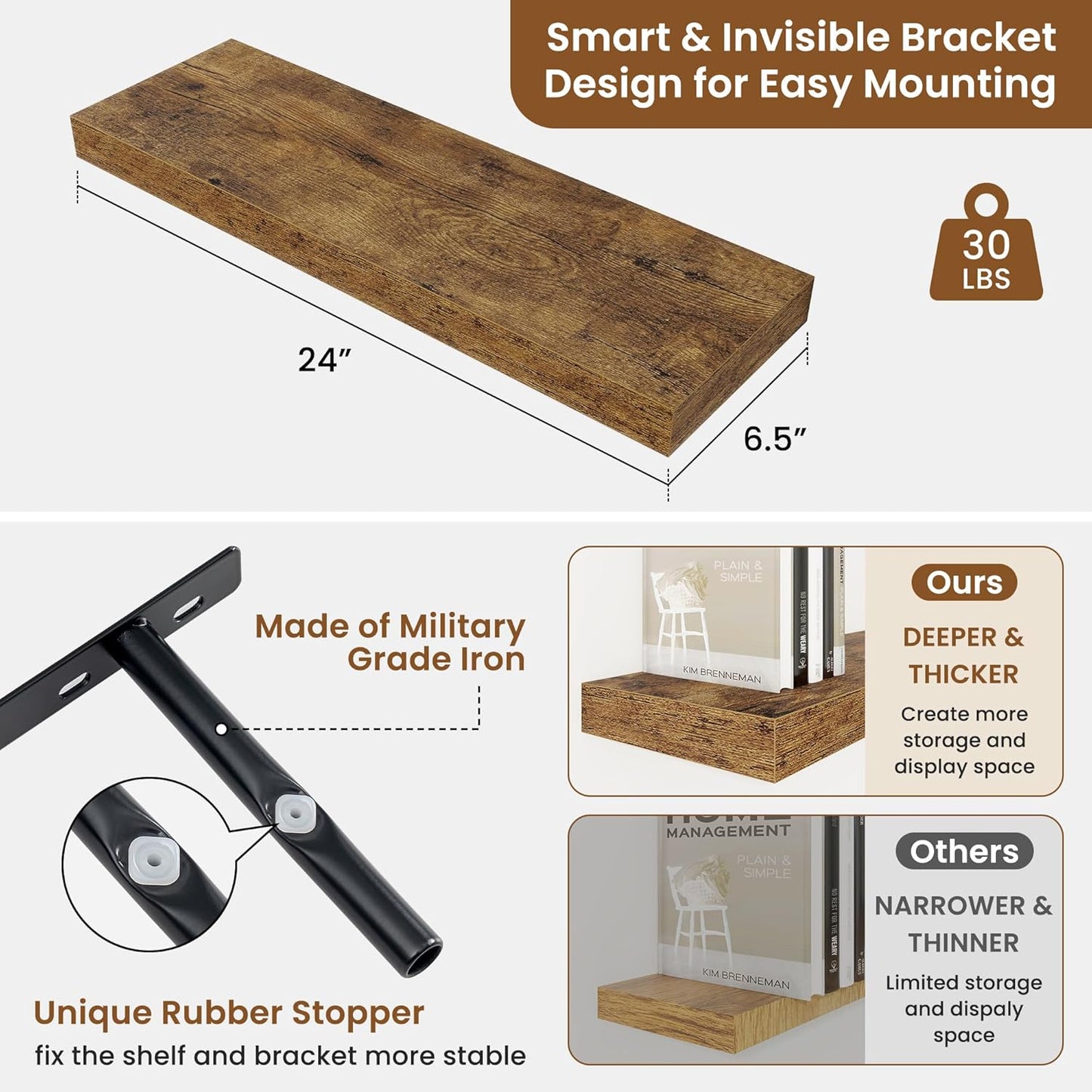 fuqing Floating Shelves for Wall, Bathroom Shelf Wall Mounted for Storage, Shelves with Invisible Bracket for Bedroom, Kitchen, Living Room, Farmhouse Small Book Shelf, 24 Inch Set of 2, Rustic Brown