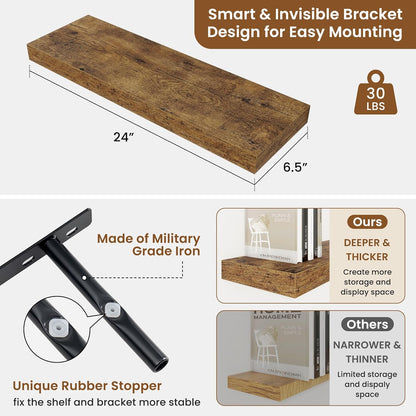 fuqing Floating Shelves for Wall, Bathroom Shelf Wall Mounted for Storage, Shelves with Invisible Bracket for Bedroom, Kitchen, Living Room, Farmhouse Small Book Shelf, 24 Inch Set of 2, Rustic Brown