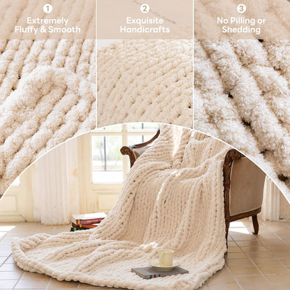 Chunky Knit Blanket - Luxury Soft Cozy 61 * 79 Bold Throw Blanket,100% Woven Blanket Rope Knot Throw Blanket for Couch, Sofa, Home Decor, Gift - Machine Washable（Cream）