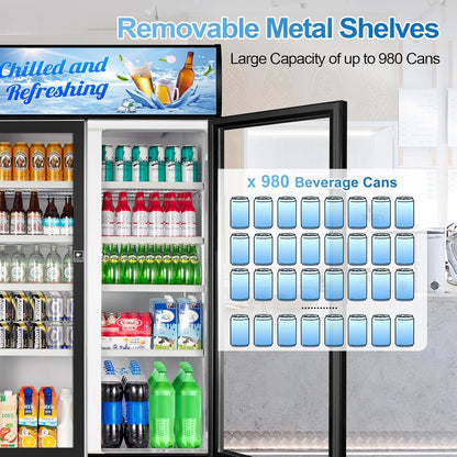 Tylza Commercial Refrigerator, Double Glass Door Display Beverage Fridge, 28.1 Cu Ft Upright Beverage Cooler Merchandiser with Replaceable Advertising Light Board, Rebound Door, Fast Cooling, Black