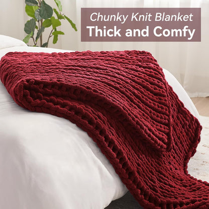 Chunky Knit Throw Blanket, 60''*80'' Knitted Throw Chenille Yarn for Bed Couch, Handmade Red Crochet Big Thick Blanket, Machine Washable Cute Comfy Blanket for Home Decor