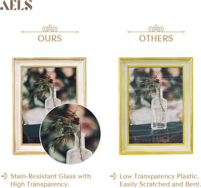 AELS 5x7 Inch Vintage Picture Frame, Elegant Antique Photo Frames with Glass Front, Photo Display, Tabletop Wall Hanging, Gift Ideas, Off-white with Gold Trim