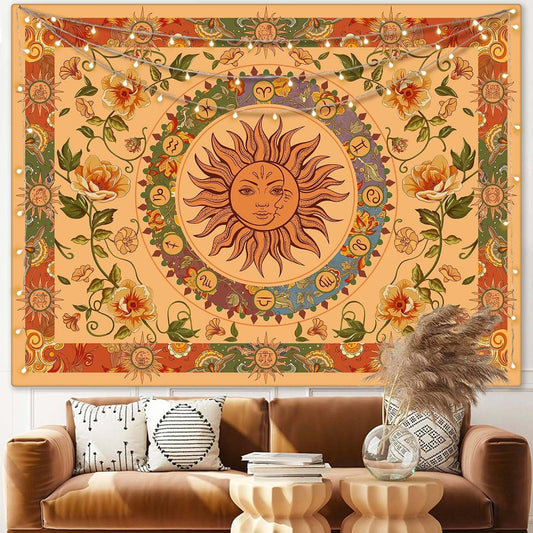 Aipon Yellow Sun and Moon Tapestry Indie Tapestries Boho Orange Flower Floral Tapestry Wall Hanging Cool Vintage Aesthetic Wall Tapestry for Bedroom Living Room Dorm (90.6'' × 70.8'', Orange)