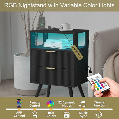 Black Nightstand with Charging Station and LED Lights,Modern Bedside Table with 2 Storage Drawer and Open Wood Shelf, for Bedroom and Small Spaces,Night Stand with Solid Wood Legs,Black