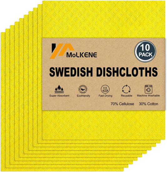 Swedish Dishcloths for Kitchen | 10 Pack Absorbent Cellulose Sponge Cloths Washable | Non-Scratch