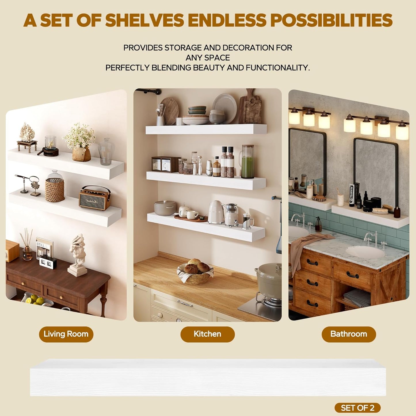 Floating Shelves 3 inch Thick for Wall Set of 2,Solid Pine Wood Wall Mount Shelf for Kitchen Living Room Bedroom Bathroom,8" D x 36" L x 3" H-White