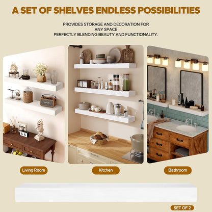 Floating Shelves 3 inch Thick for Wall Set of 2,Solid Pine Wood Wall Mount Shelf for Kitchen Living Room Bedroom Bathroom,8" D x 60" L x 3" H-White