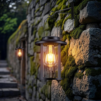Solar Lantern Outdoor,Hanging Solar Lights Waterproof,Outdoor Wall Light Fixtures wiht Bulb,Outside Porch Lights Wall Mount for Front Garage Chicken Coop Farmhouse,2 Pack