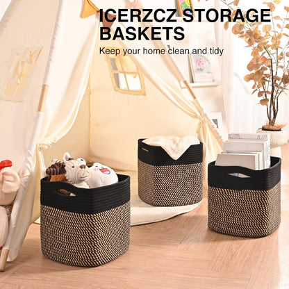 11 Inch Cube Storage Bins, Storage Cube Organizer Bins, Woven Cotton Rope Baskets for Storage, Storage Basket for Organizing Shelves, Square Baskets for Toys Nursery, Black & Jute (Pack of 3)