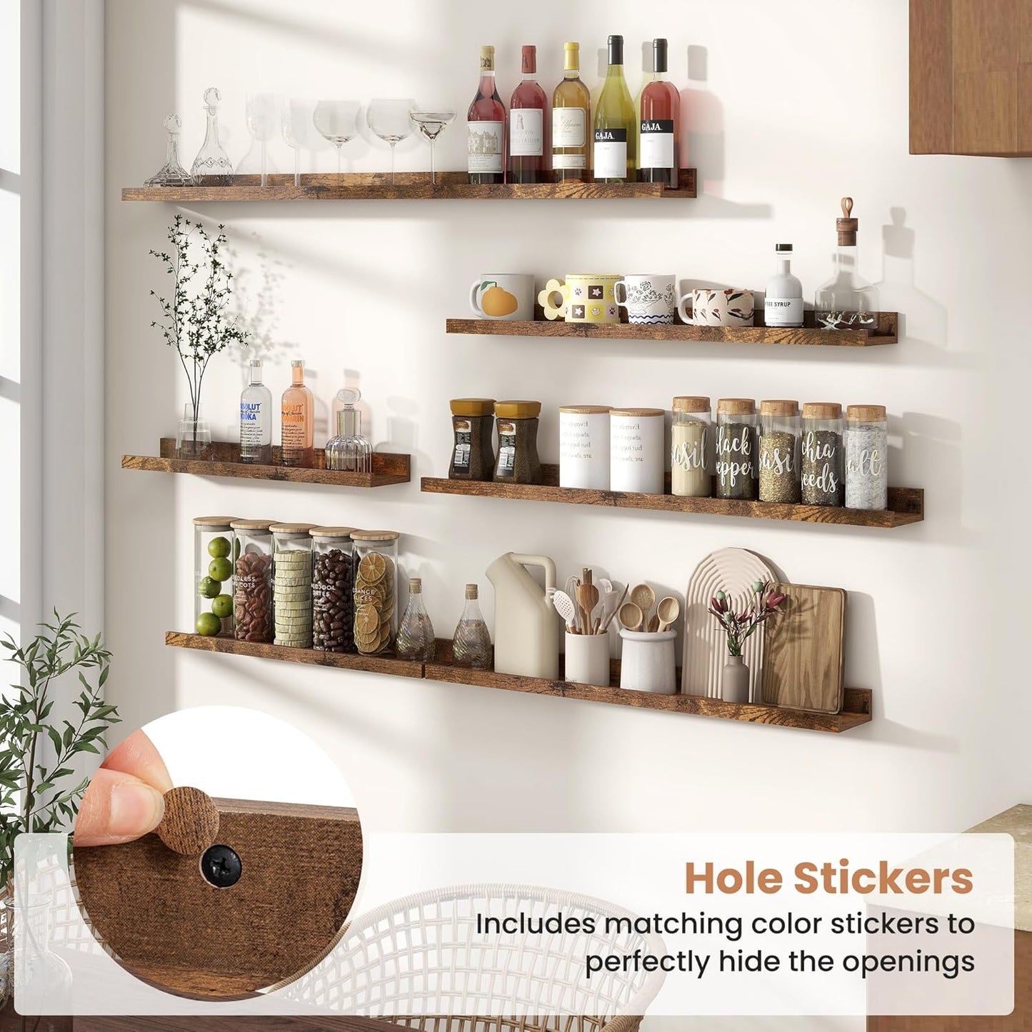 Fun Memories Picture Ledge Shelves Set of 2, 32 Inch Rustic Wall Mounted Floating Shelves with Lip for Home Storage and Décor in Bathroom, Kitchen, Nursery, Bedroom, Living Room, Brown