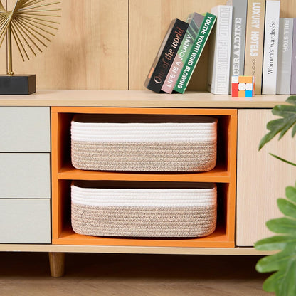 Large Shallow Organizing Baskets 15x11x5.1 Inches - Rope Woven Storage Bins for Bathroom, Shelves, Cube Closet, White Mixed Brown 2 Packs