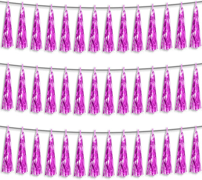 3P Fuchsia Foil Fringe Metallic Tassel Streamers Banner Tassel Garland for Parade Floats, Bachelorette, Wedding, Birthday, Halloween, Christmas, Bridal/Baby Shower Party Decorations