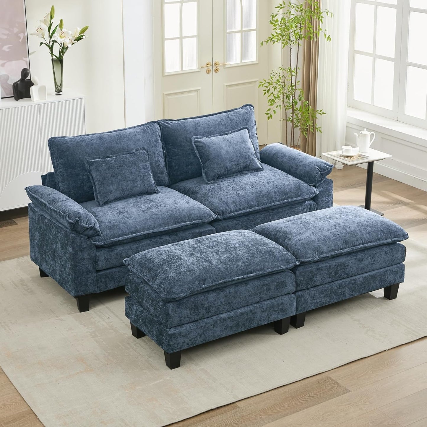 URRED Modular Sectional Sofa Comfy Cloud Couch, Modern Chenille Sofa Sleeper Deep Seat Couches with Ottoman/Pillows for Living Room (Blue, 82.6''- 2 Ottomans)