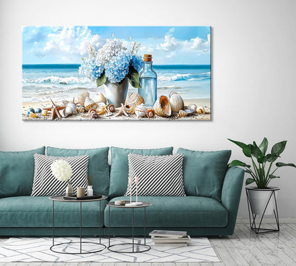 LASMOND Romantic Beach Wall Art for Living Room Blue Shells Conch Vase Canvas Prints Modern Large Flower Bottle Bedroom Ocean Artwork Decor (40x20 Inches)