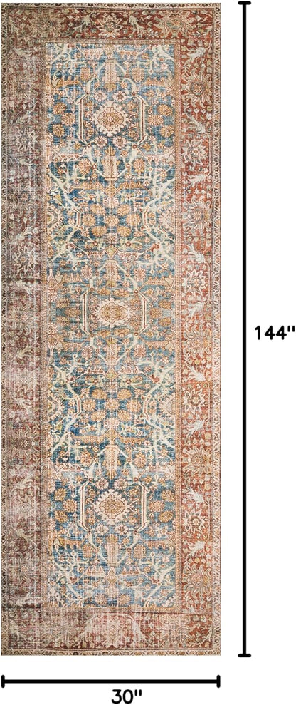 Loloi Layla Collection LAY-04 Ocean/Rust 2'-6" x 12'-0" .13" Thick Runner Rug, Soft, Durable, Vintage Inspired, Distressed, Low Pile, Non-Shedding, Easy Clean, Printed, Living Room Rug