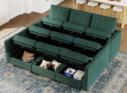 Belffin Corduroy Modular Sectional Sofa 9 Seat Convertible Sectional Sleeper Sofa Bed with Storage Ottomans Modular Sectional Couch Bed for Living Room Green