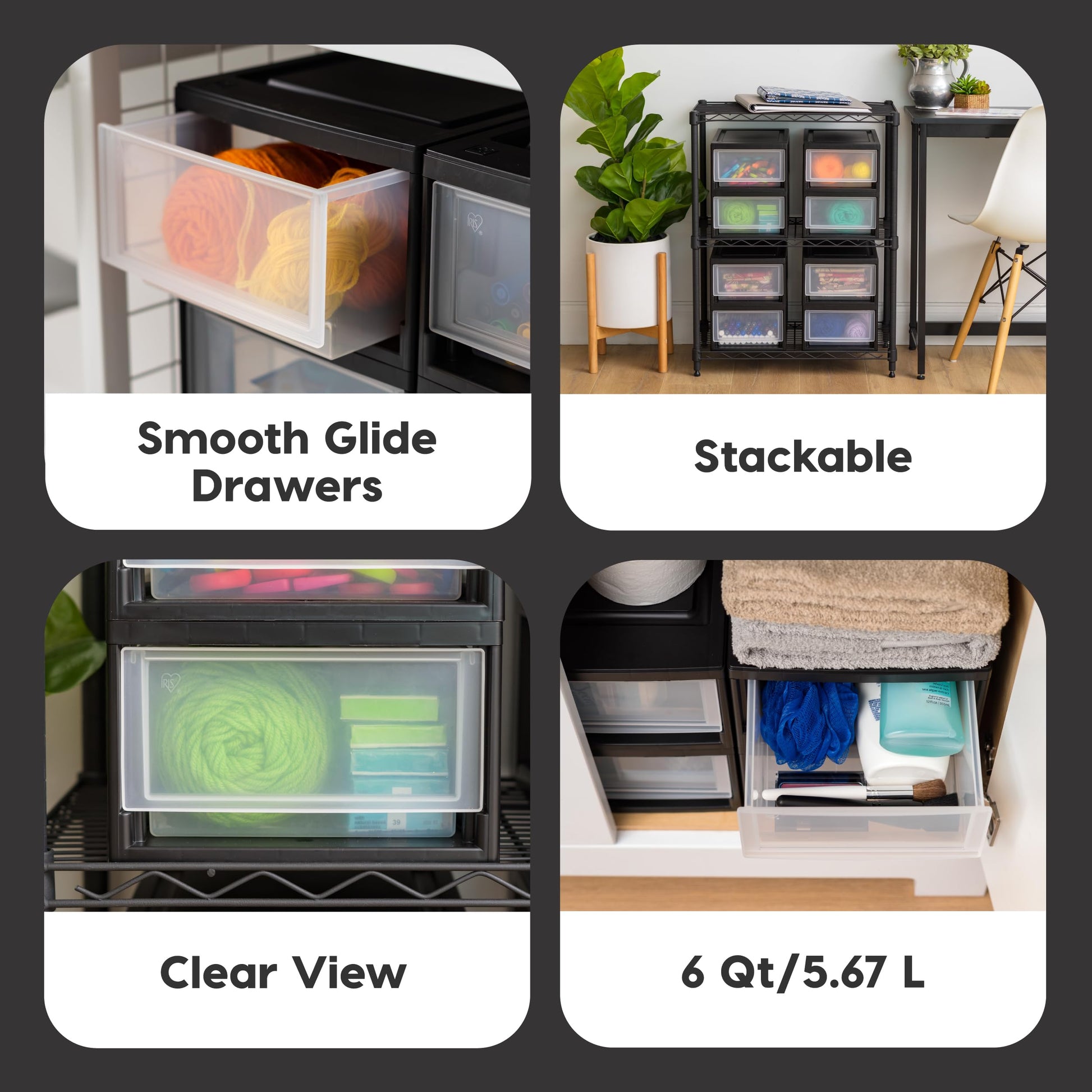 IRIS USA 4-Pack, 6 Qt. Small Stacking Drawer Storage Organizer, Black