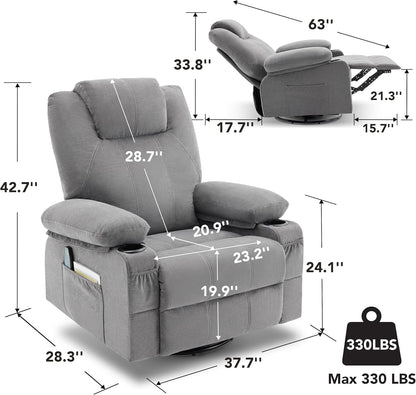 Swivel Rocker Recliner Chair with Heat and Massage, 360 Degree Swivel Recliner Chair with Cup Holders and USB Port, Big Oversized Rocking Single Sofa for Living Room (Fabric, Grey)