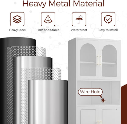 75" Tall Kitchen Pantry Cabinet, Metal Storage Cabinets with Acrylic Doors and Adjustable Shelves, Hutch Cabinet with Storage, White Microwave Stand Cabinets for Dining Living Room