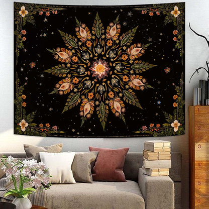 Fowocu Boho Floral Mandala Tapestry for Bedroom Aesthetic Vintage Bohemian Flower Wall Tapestry Black Green Hippie Indian Tapestries Wall Hanging for Living Room Dorm Decor 60 x 44 Inch