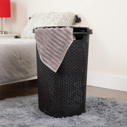 Mind Reader 60L Slim Laundry Hamper, Clothes Basket, Lid, Wicker Design, Plastic, 17.65"L x 13.75"W