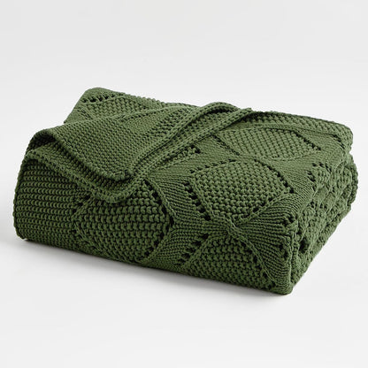 Longhui bedding Chunky Cotton Knit Throw Blanket for Couch, Sofa, Bed, or Chair, Decorative Breathable Fall Cable Knit Blanket 51 x 63 Inches, Olive Green