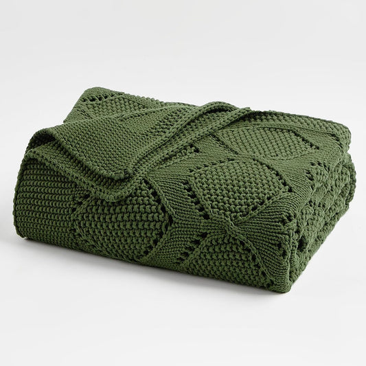 Longhui bedding Chunky Cotton Knit Throw Blanket for Couch, Sofa, Bed, or Chair, Decorative Breathable Fall Cable Knit Blanket 60 x 80 Inches, Large Olive Green