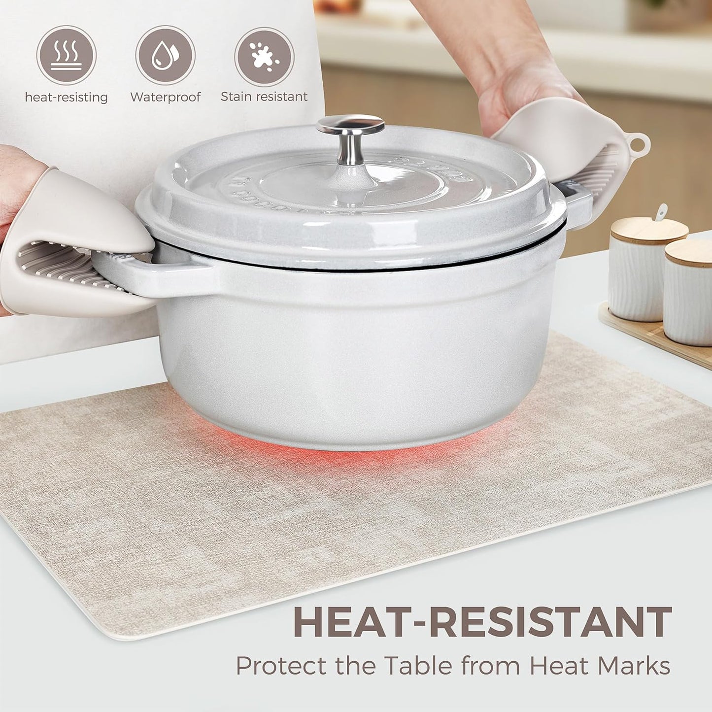 Vinyl Placemats Set of 6, Faux Leather Waterproof and Heat Resistant Place Mats, Washable Anti-Slip Table Mats with Coaster, Wipeable Placemats for Indoor & Outdoor 17" x 12" (Beige, Set of 6)