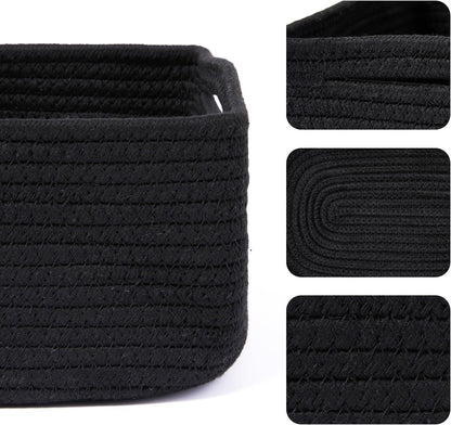 Small Storage Baskets for Organizing | Closet Organizer Bins | Shelf Toy Basket | Woven Rope Baskets | Cube Decorative Box | Shallow Basket | 13x8.5x5.1” | 3 Packs Black