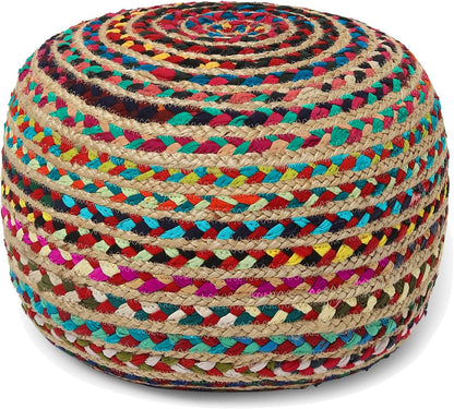 REDEARTH · Round Pouf Ottoman - Braided Boho Poof Home Décor Pouffe Accent Sitting Circular Foot Rest for Living Room, Bedroom, Nursery, Lounge; Jute and Cotton Set of 2 (19.5"x19.5"x14"; Multi)
