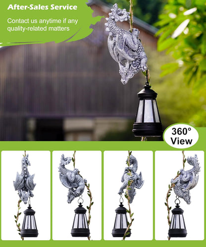 Solar Dragon Figurine Garden Statue: Outdoor Hanging Climbing Ornament with Lantern for Yard Art Lawn Balcony Patio Porch Decor- Birthday Gifts for Mom Women Father