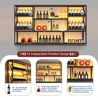 70.8Inch Wall Mounted Wine Rack, 3 Tiers Large Bar Shelves with 18 Glass Holder, Metal Wine Bottle Display Shelf, Modern Iron Liquor Shelf, for Kitchen Dining, Home Bar, Cellar (70.8" W)