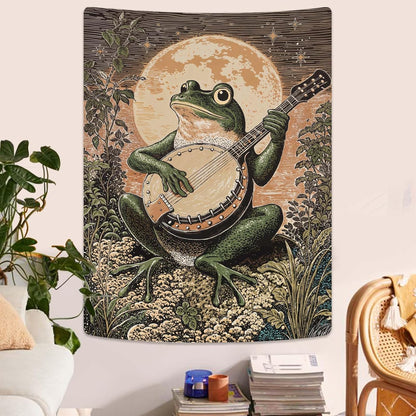 Lunerfex Moonlit Banjo Frog Wall Tapestry, Whimsical Amphibian Musician Tapestries for Room Decor, Folk Art Tapestry 60L x 80W