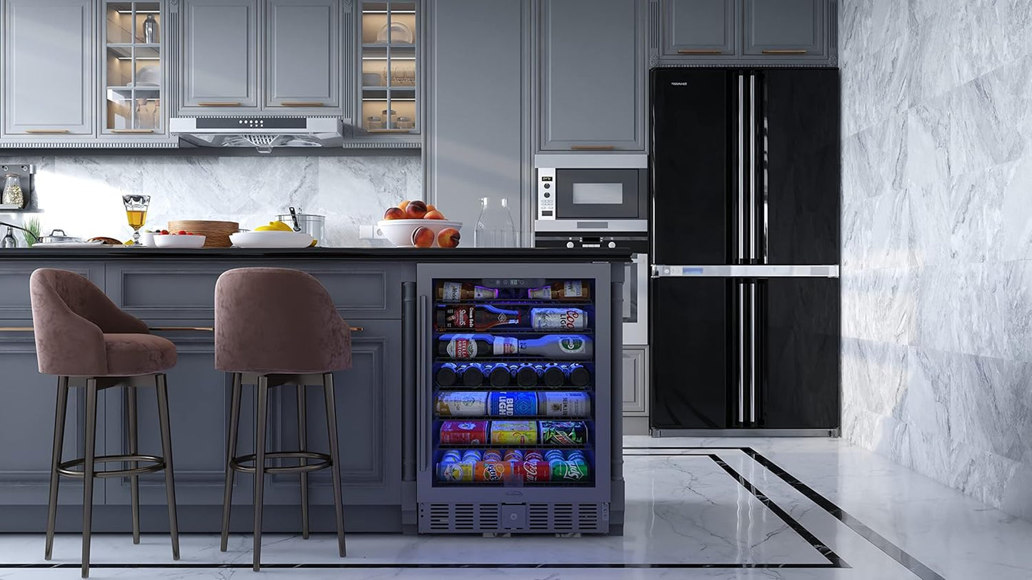 KoolMore 23.4??Inches Small Built-In Glass Door Refrigerator and Beverage Cooler for Soda Cans, 6 Wire Shelves, Adjustable Temperature Range [5.1 Cu. Ft.], 24" Inch (KM-BIR5C-GD)