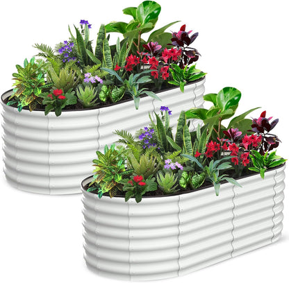 2 Pcs 6x3x2ft Oval Raised Garden Bed, Galvanized Raised Beds,Open-Ended Base Metal Raised Planter Beds,Garden Bed Outdoor,Planter Raised Boxes for Vegetables, Flowers,Tool-Free Asse,White