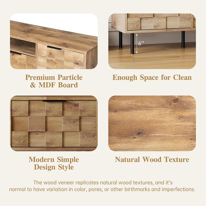 Modern TV Stand for TVs up to 85", Mid-Century Media Console with Checkered Cabinet Doors, Storage Drawers & Open Shelves, Wood Entertainment Center with Metal Legs