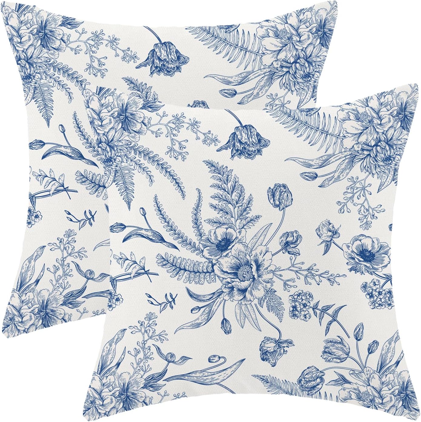 CXMEIFLY Spring Floral Leaves Pillow Covers 18 x 18 Inch Set of 2 for Chinoiserie Flowers Decor Throw Pillows Blue and White Seasonal Plant Outdoor Decorative Cushion Cases for Couch Bed Decorations