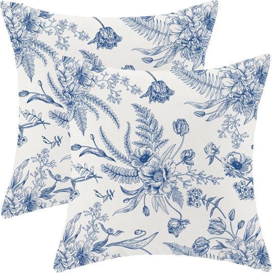 CXMEIFLY Spring Floral Leaves Pillow Covers 22 x 22 Inch Set of 2 for Chinoiserie Flowers Decor Throw Pillows Blue and White Seasonal Plant Outdoor Decorative Cushion Cases for Couch Bed Decorations
