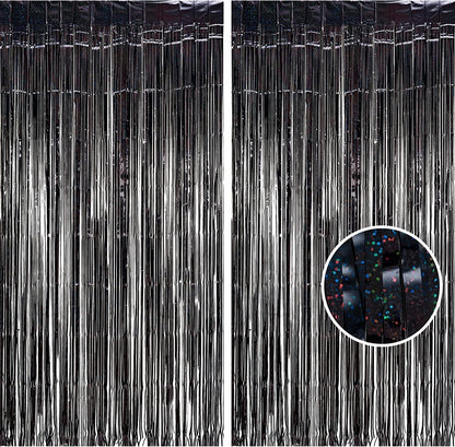 BRAVESHINE Black Halloweens Party Foil Fringe Curtains - 2 Pack Metallic Tinsel Photo Booth Streamers Backdrop for Birthdays, Stranger Theme, Music, Prom, Christmas Party Decorations