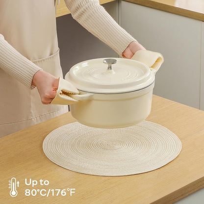 Leetaltree Round Placemats Heat and Slip Resistant Cotton Table Mats, Washable Bohemian Placemats for Dining Tables (White Beige, Set of 12)